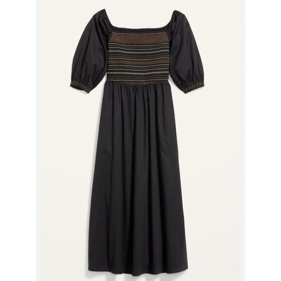 NWOT Old Navy 4X Puff Sleeve Midi Dress Black Smocked with Pockets - Picture 1 of 13